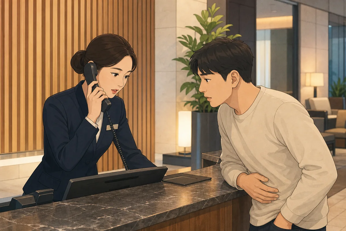 hotel front desk helping a traveler with food poisoning symptoms find a hospital in Korea