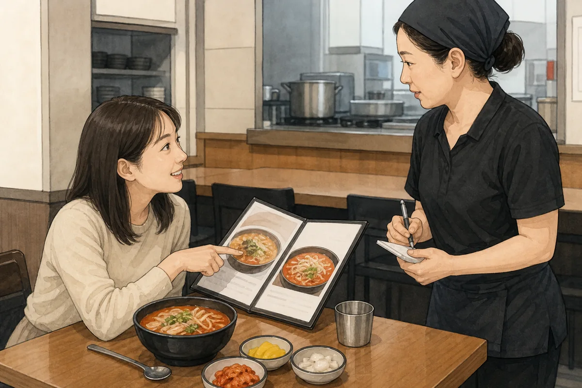 customer using food restrictions phrases to ask for less spicy Korean soup