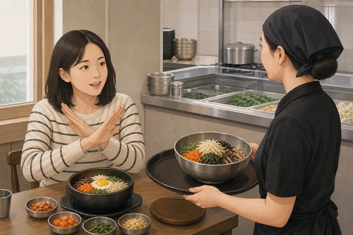 diner using food restrictions phrases to request no meat in a Korean dish
