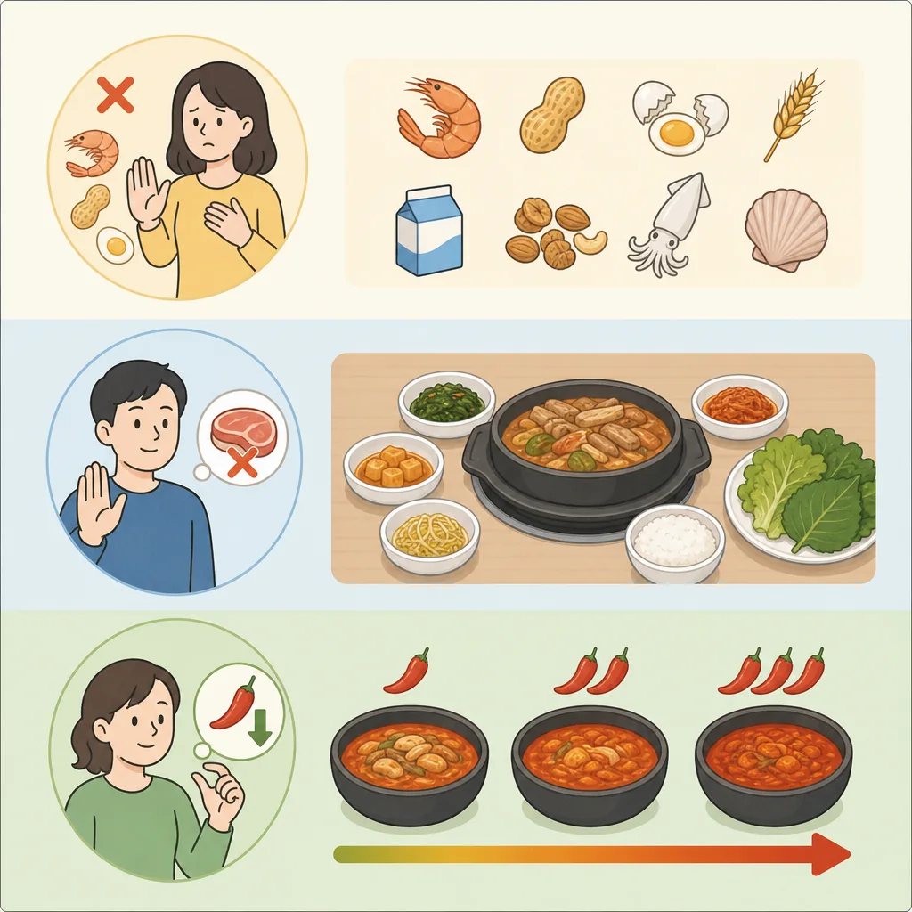 food restrictions phrases cheat sheet for allergies, less spice, and no meat in Korean