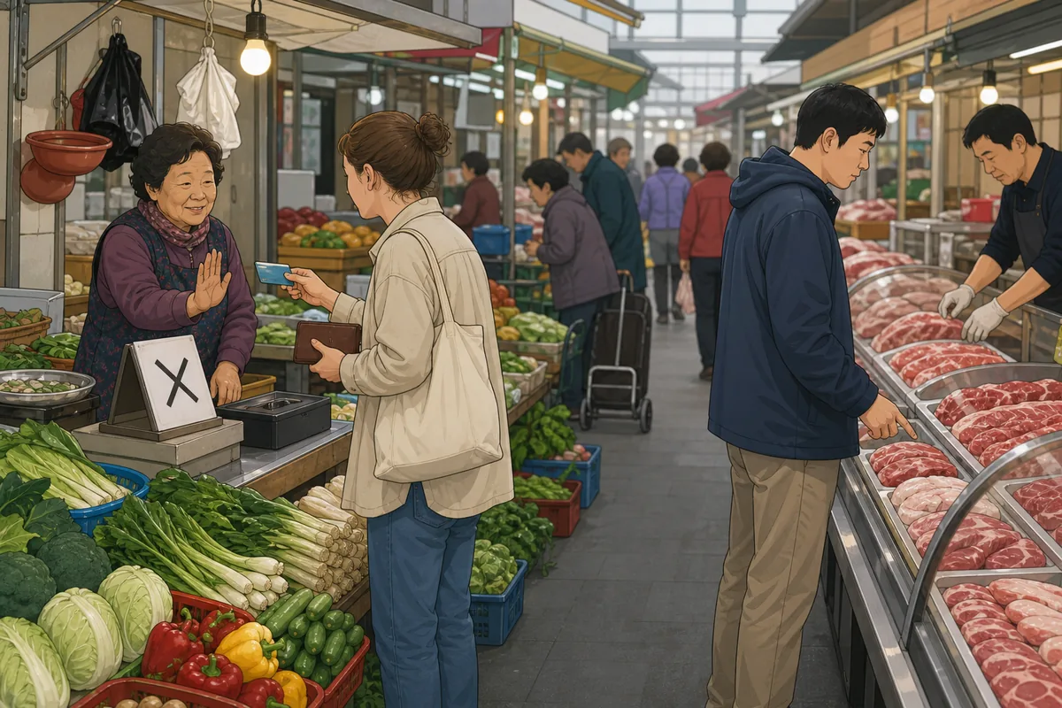 korean markets local stall with cash sign and daily shopping items