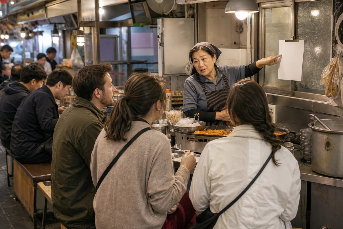 korean markets food stall with business hours and closing notice