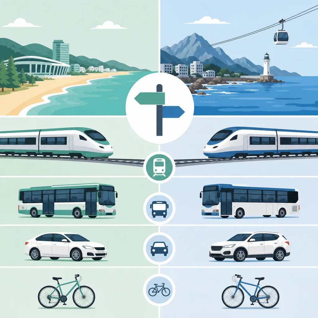Gangneung vs Sokcho side-by-side travel comparison for beaches, cafes, market, Seoraksan, and transport