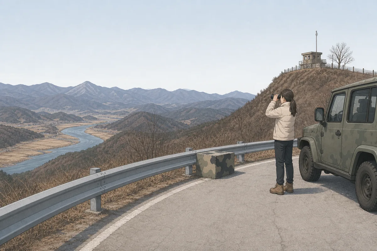 Border-side road scene in the Gangwon region showing wide distances between northern towns