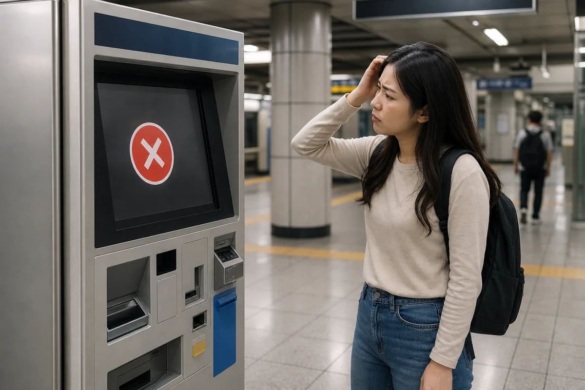 Gojang meaning on a Korean kiosk sign showing 고장 for a broken or out of order machine