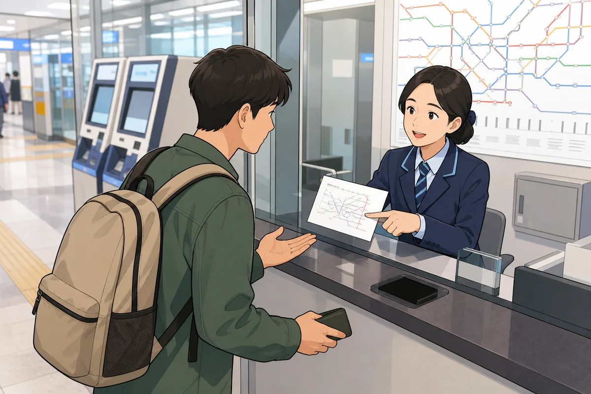 help me in korean: a traveler asking station staff for help at a convenience store or subway station