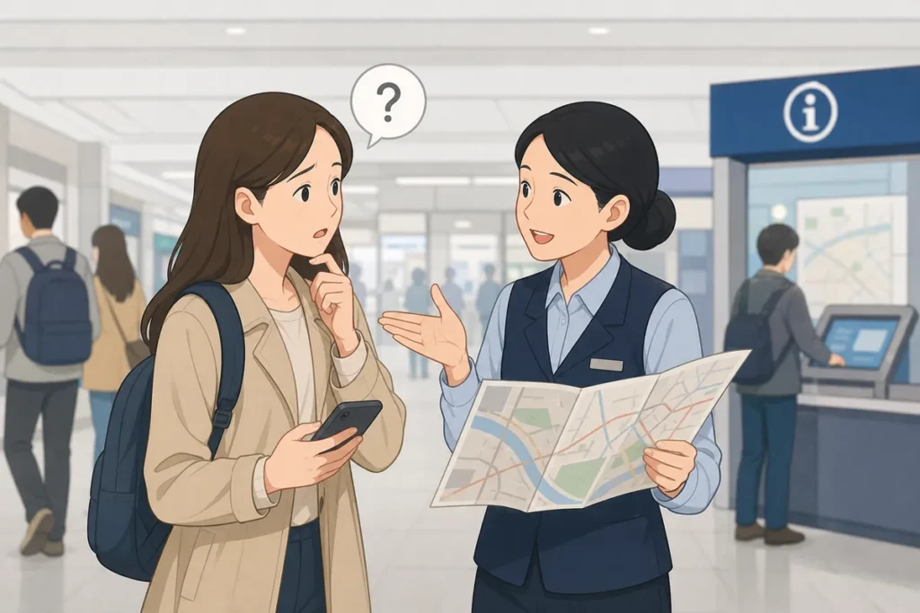 help me in korean: a foreign visitor asking a local for directions on a Seoul street