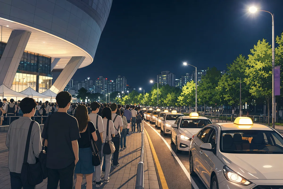 late-night taxi line outside a Seoul concert venue with fans waiting in an orderly queue