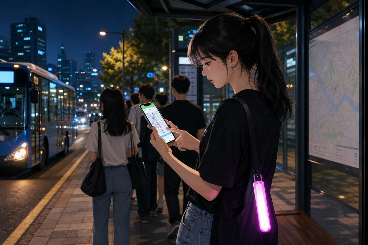 night bus stop in Seoul with a concertgoer checking directions on Naver Map