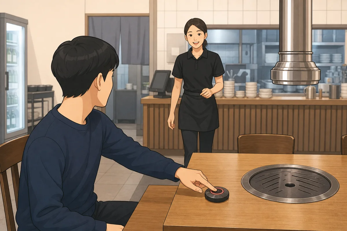 customer pressing a Korean restaurant table button after learning hulbel meaning