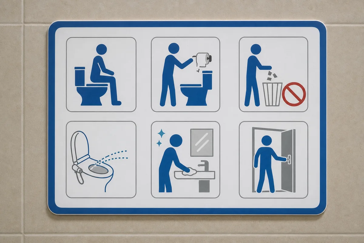 hwajangsil signs explained with a Korean restroom notice about toilet paper disposal and cleaning rules