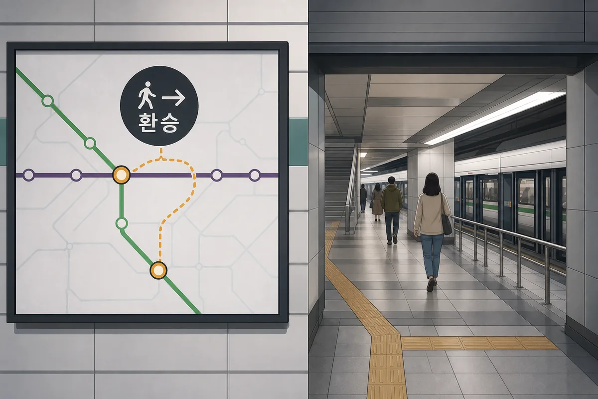 Korean transit hub with 환승 signs and a transfer corridor between subway platforms
