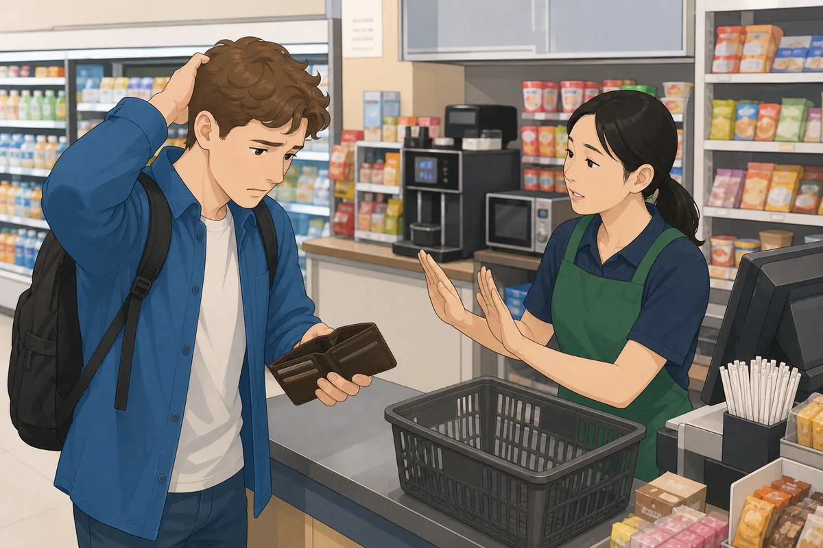 Customer checking wallet after a Korean shop says 카드불가 and cash only