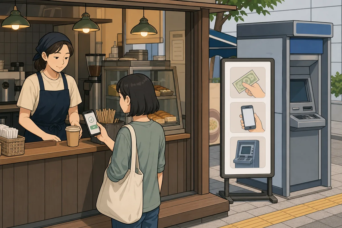Korean café or street food stall with cash payment sign and nearby ATM notice