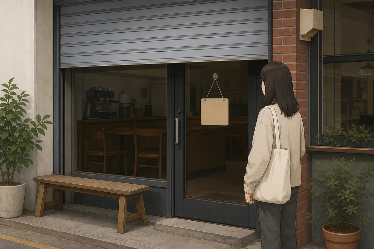 hyumu meaning on a Korean cafe door showing 휴무 for today