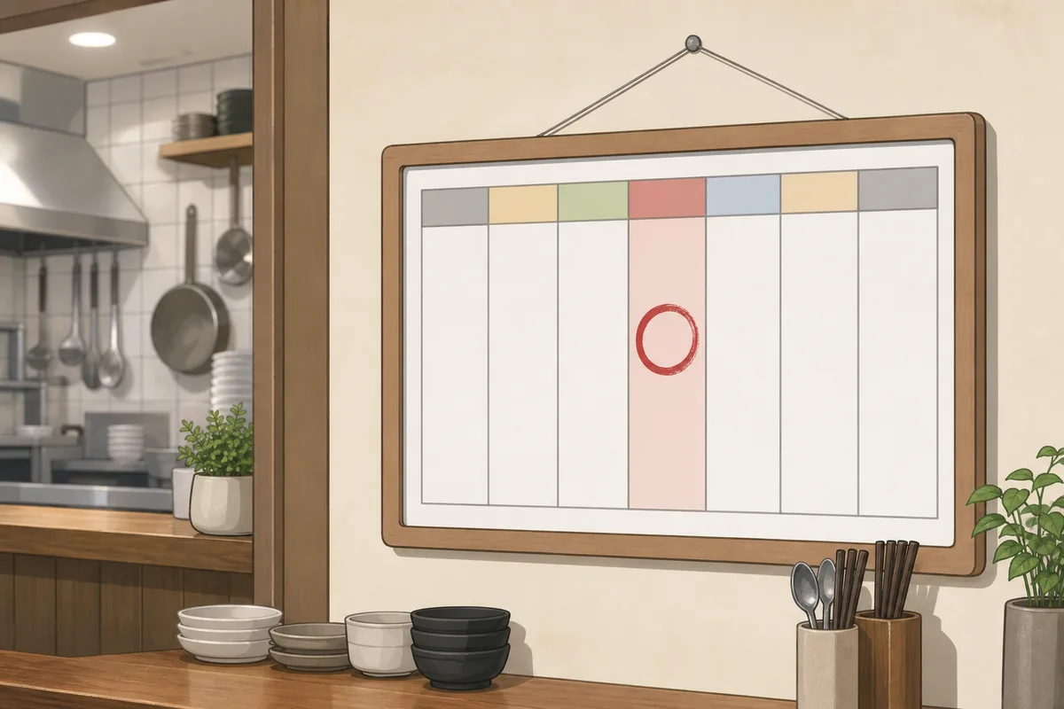 Korean restaurant schedule showing 정기휴무 as a regular closed day