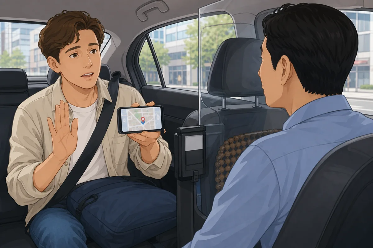 A taxi passenger using i dont speak korean politely and showing a destination on a phone
