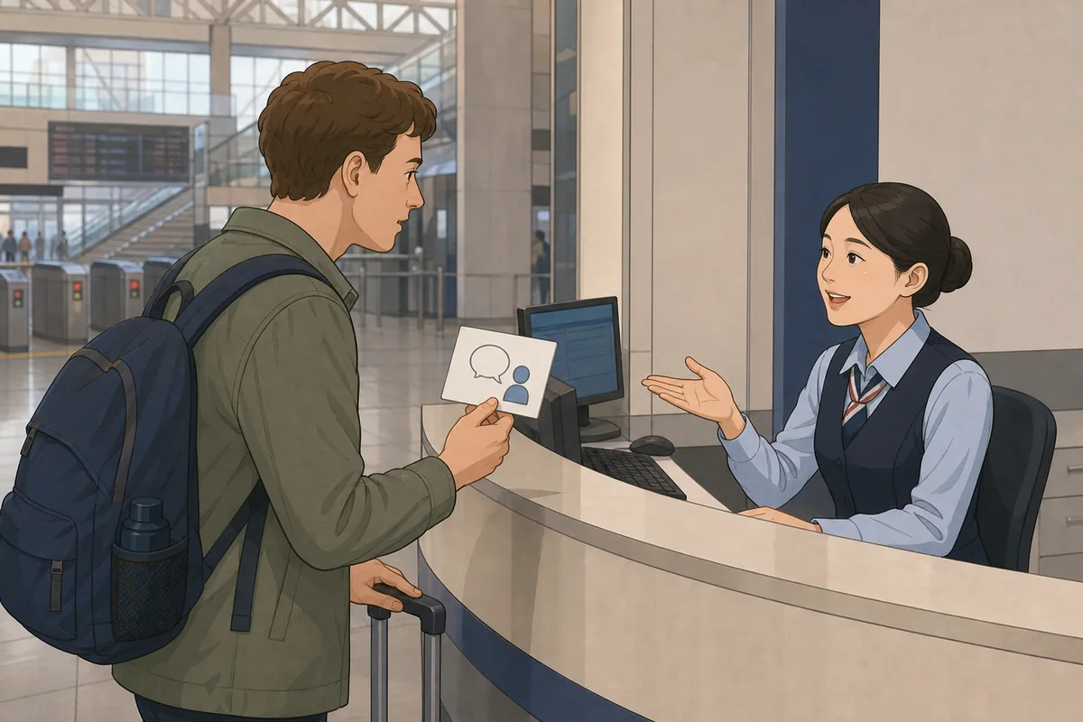 A station information desk scene for i dont speak korean politely with a written help request