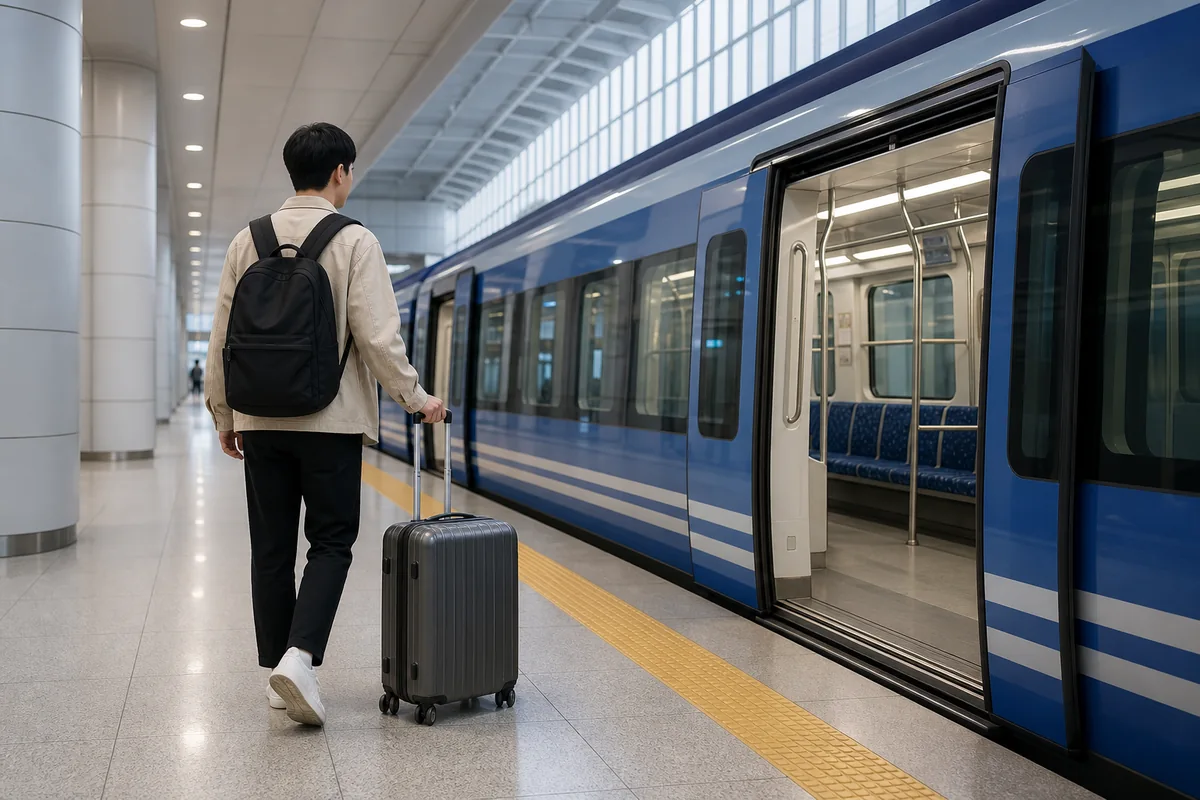 incheon airport seoul Incheon airport to seoul AREX Express platform with a traveler heading toward Seoul Station