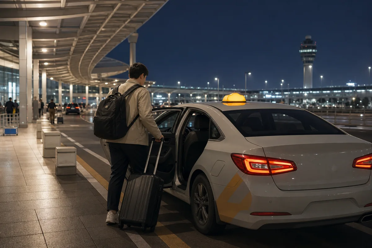 Incheon airport to seoul taxi pickup area at night with a traveler entering an official taxi
