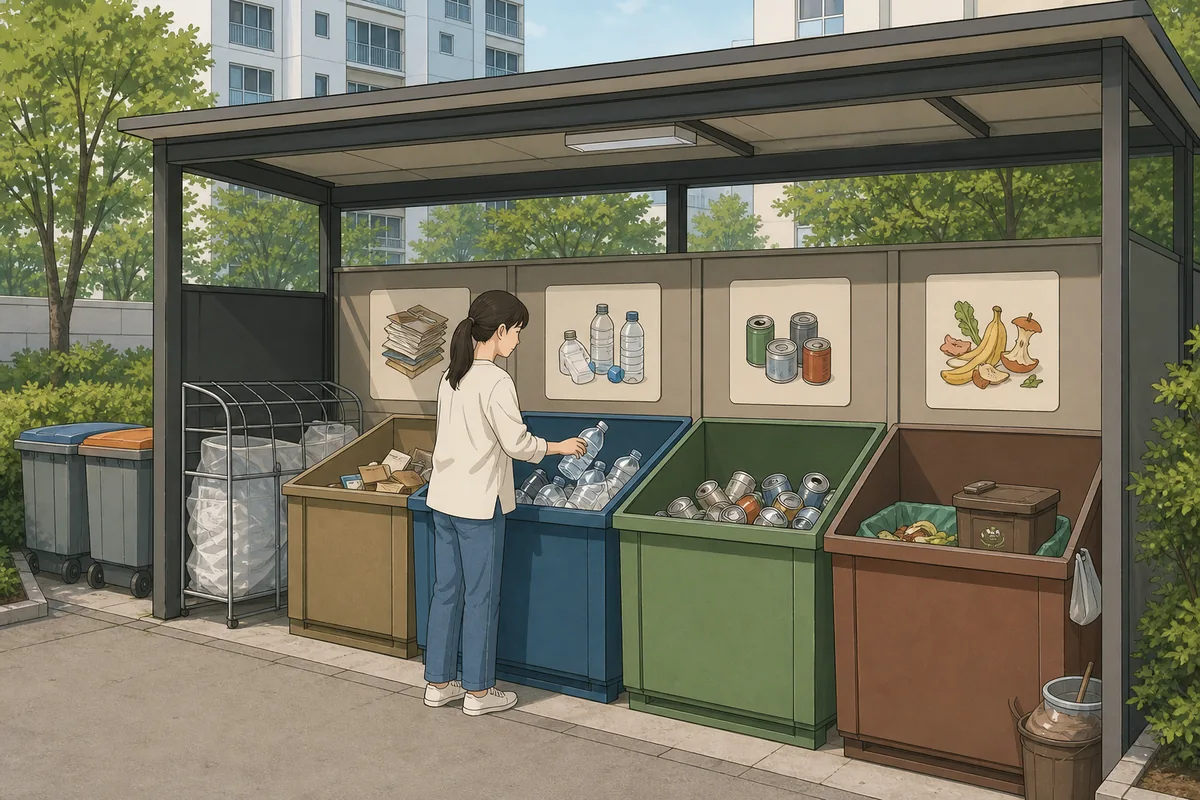 Recycling area in a korean apartment complex with labeled bins for sorted waste