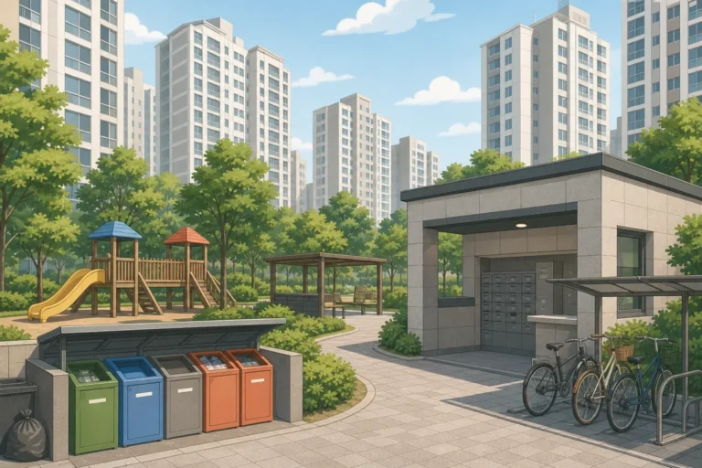 inside korean apartment complex korean apartment complex entrance with guard booth, building numbers, and shared facilities