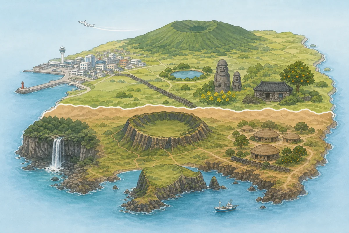 jeju island map style view comparing Jeju-si in the north and Seogwipo in the south