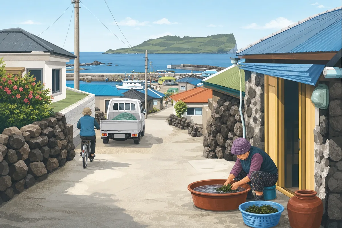 jeju island coastal village with stone walls, fishing boats, and daily local life