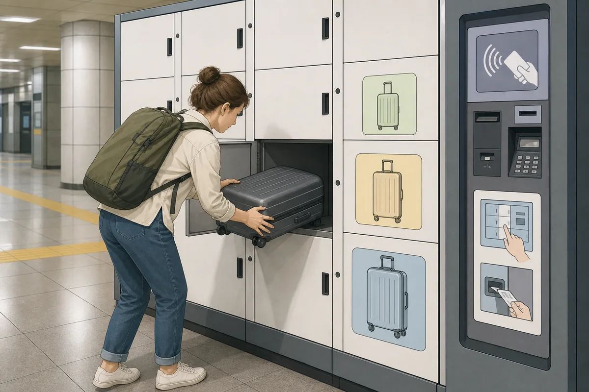 jjim storage in Korea showing a traveler checking locker size options before storing luggage