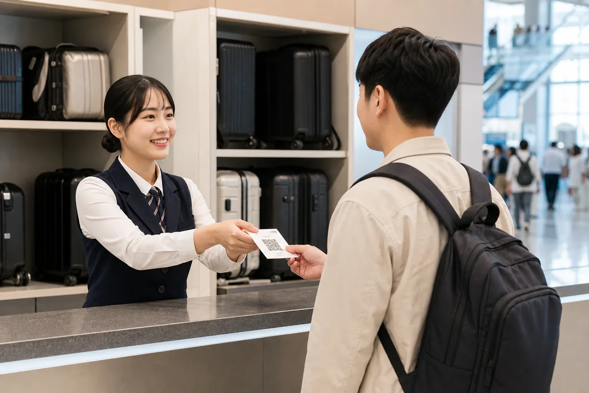 staffed jjim storage counter in Korea where a traveler receives a claim ticket for luggage