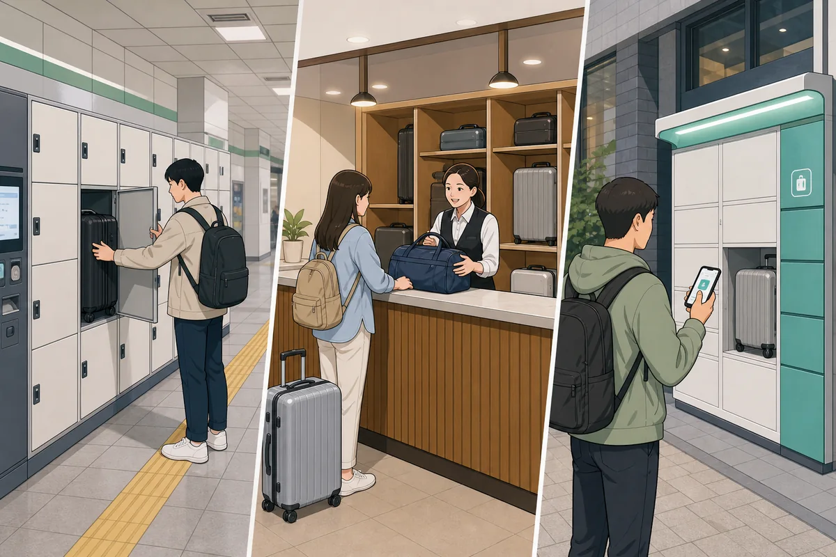 comparison of jjim storage in Korea showing a subway locker, staffed counter, and app-based storage point