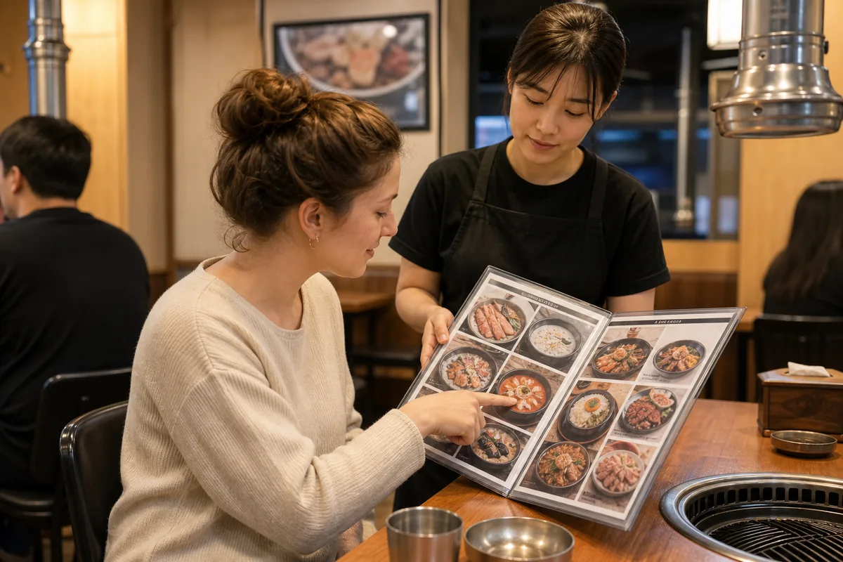 jumun guide showing a customer reading a Korean menu and pointing to a dish