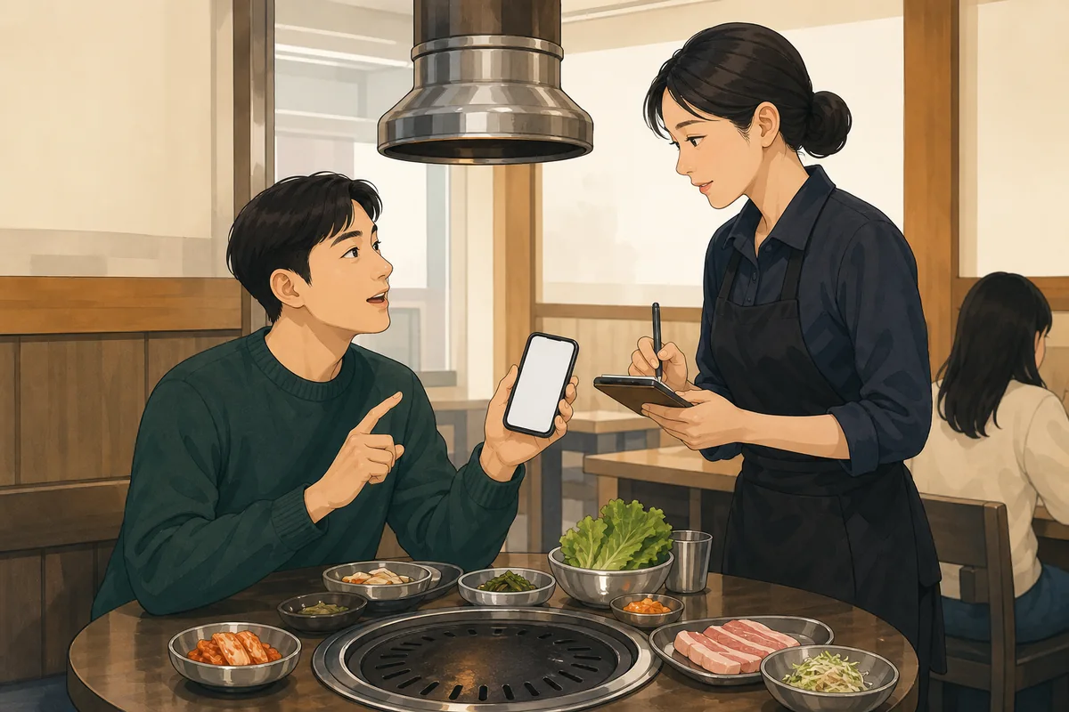 jumun guide showing a server taking an order at a Korean restaurant table
