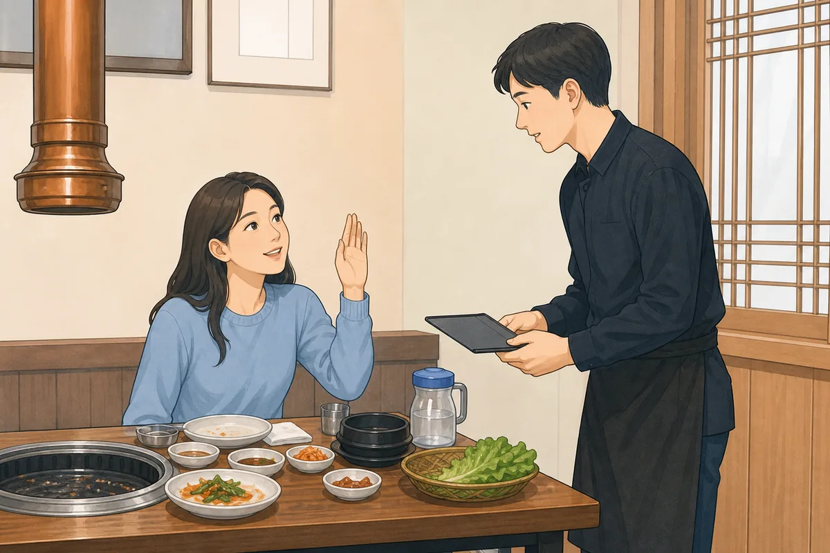 jumun guide showing a diner asking for water and the bill in a Korean restaurant
