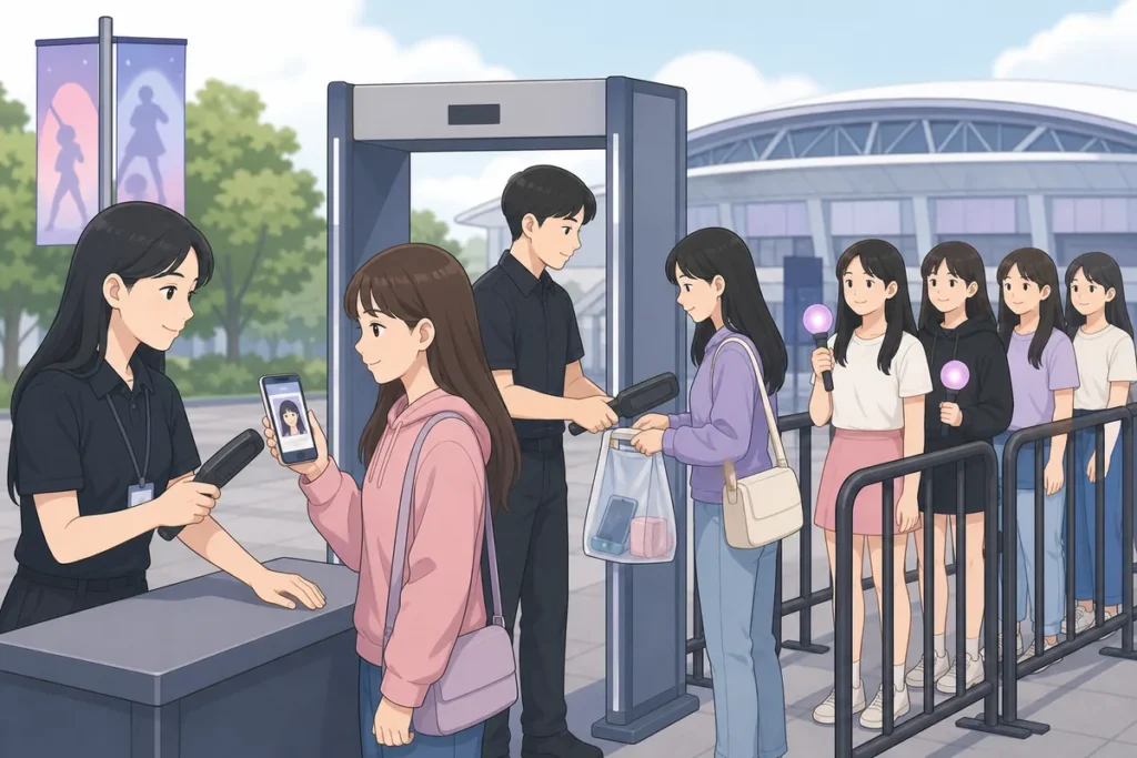k pop concert entry rules at a Korean venue with ticket and passport checks