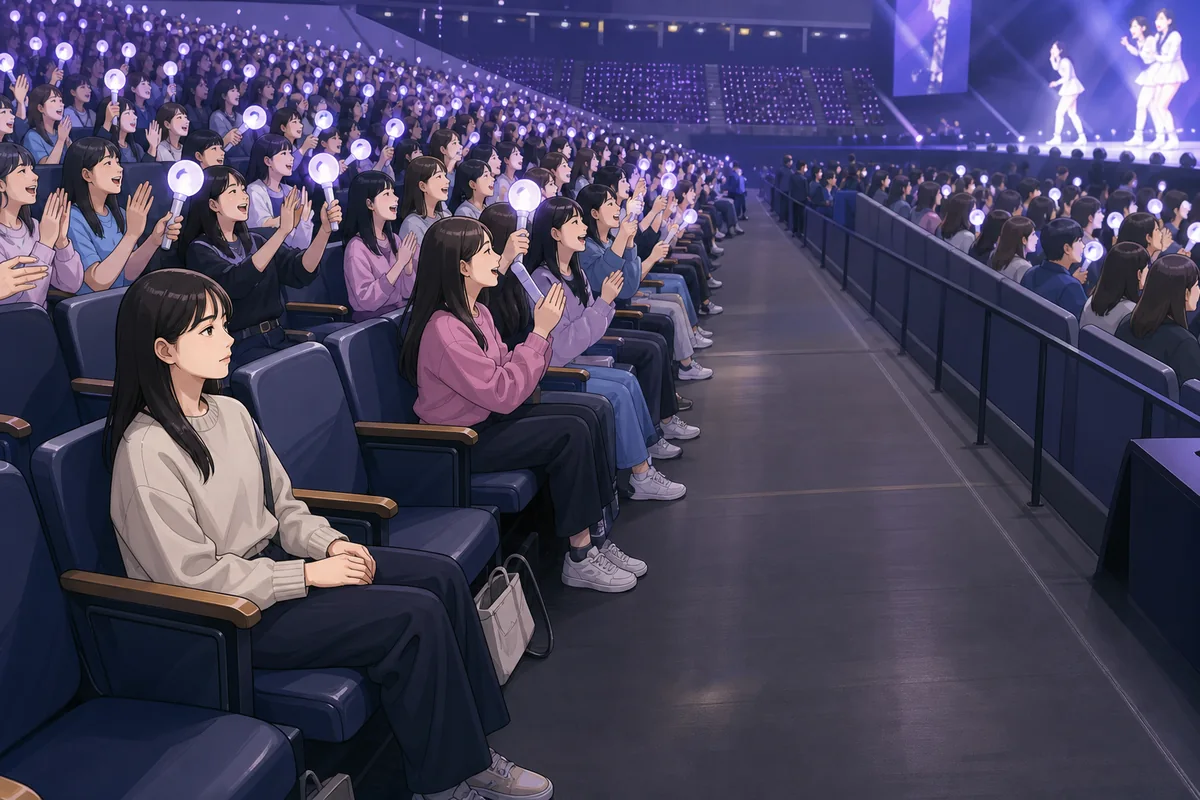 Fans following k pop concert etiquette with lightsticks and seated cheering in a Korean concert hall