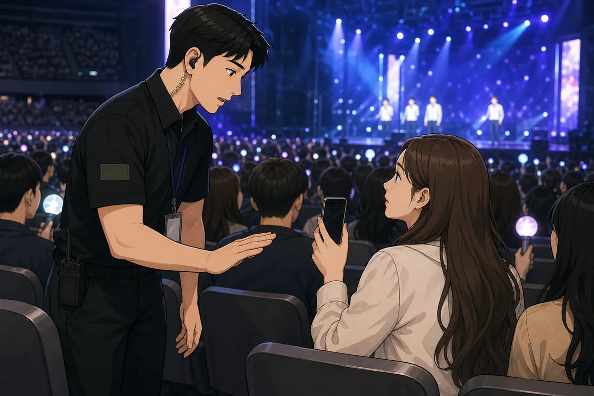 Security staff explaining k pop concert etiquette about restricted filming and blocked views near a seat row