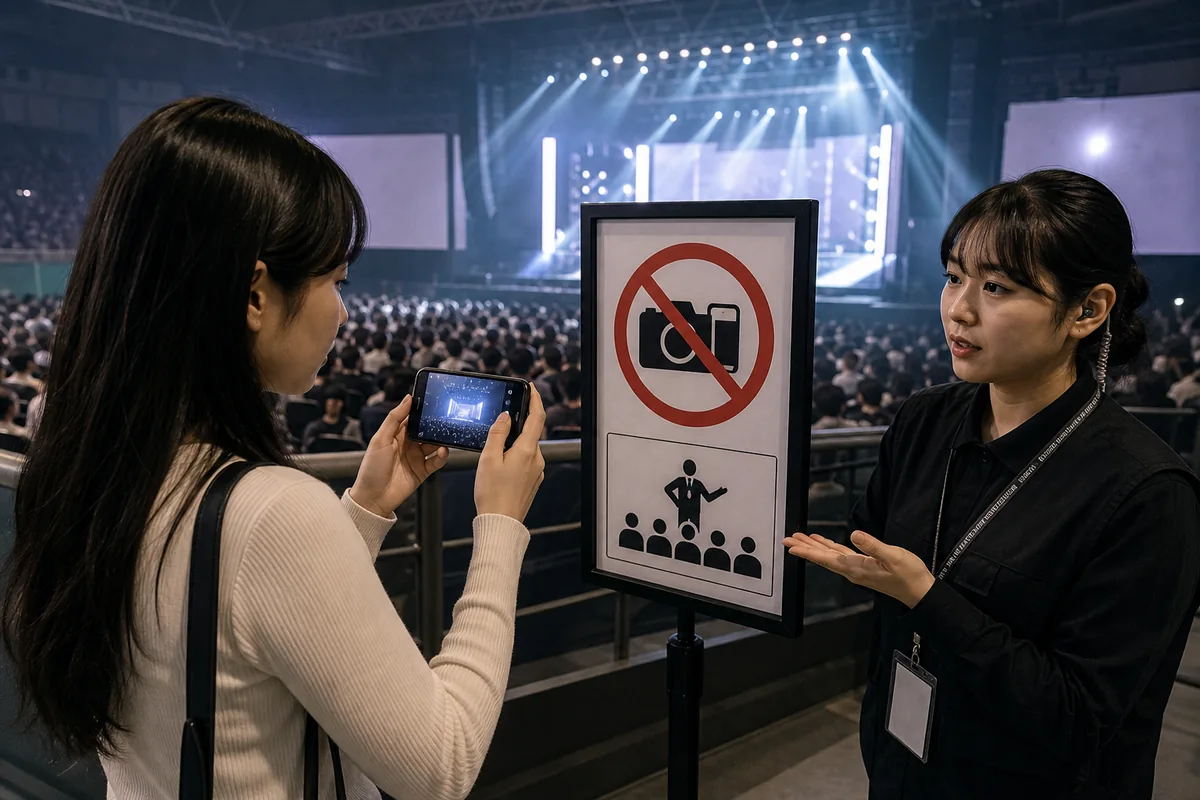 k pop concert etiquette reminder about checking no-filming signs and staff instructions inside a Korean venue
