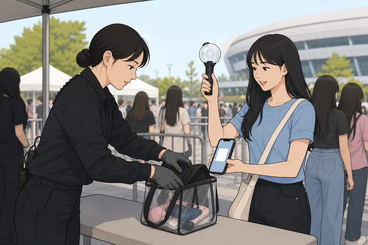 security staff checking a fan bag at a Korean concert entrance while the attendee shows a ticket and lightstick