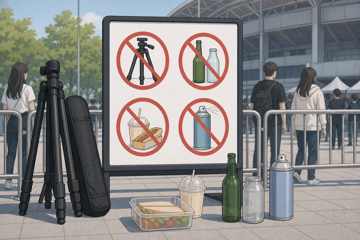 prohibited items for a K-pop concert in Korea shown beside a venue rules board, including tripod, glass bottle, and outside food