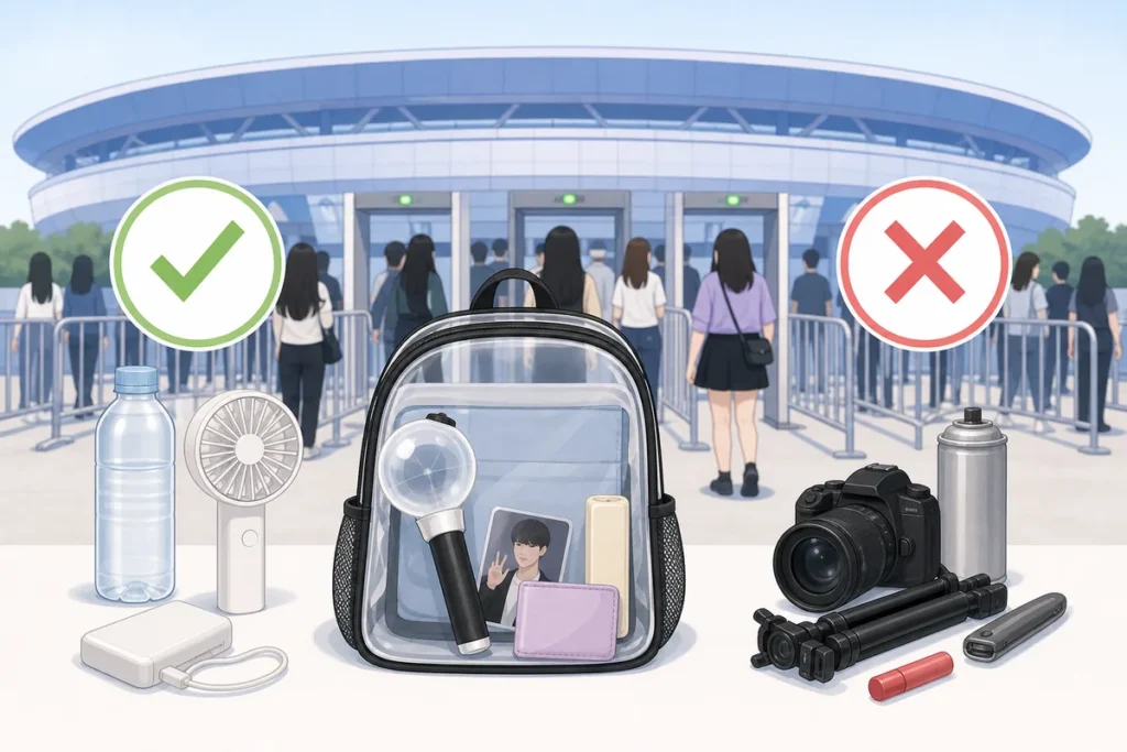 k pop concert korea checklist with ticket, passport, phone, charger, and official lightstick before heading to the venue