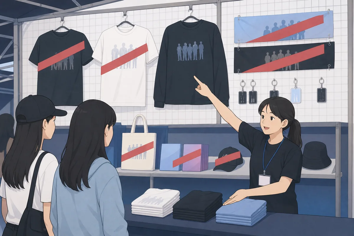 k pop concert merch booth display showing sold out items and remaining stock