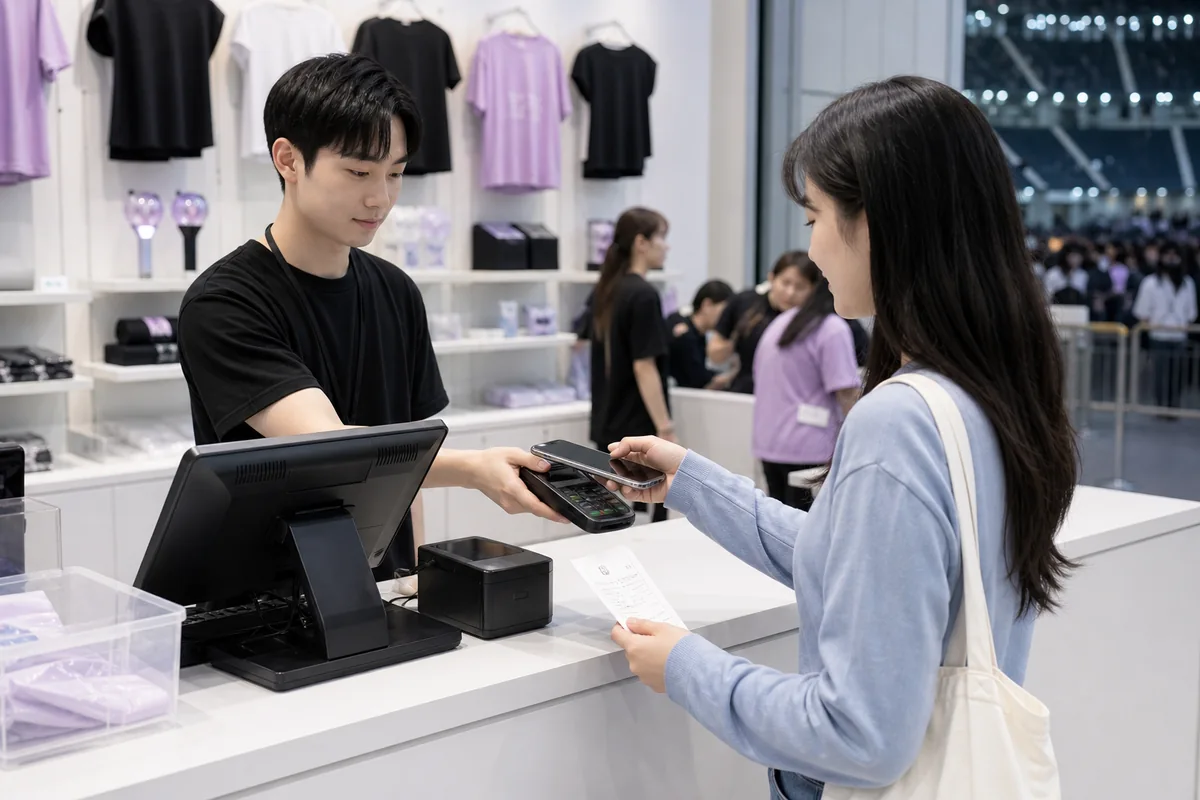 k pop concert merch checkout counter with card payment and receipt confirmation