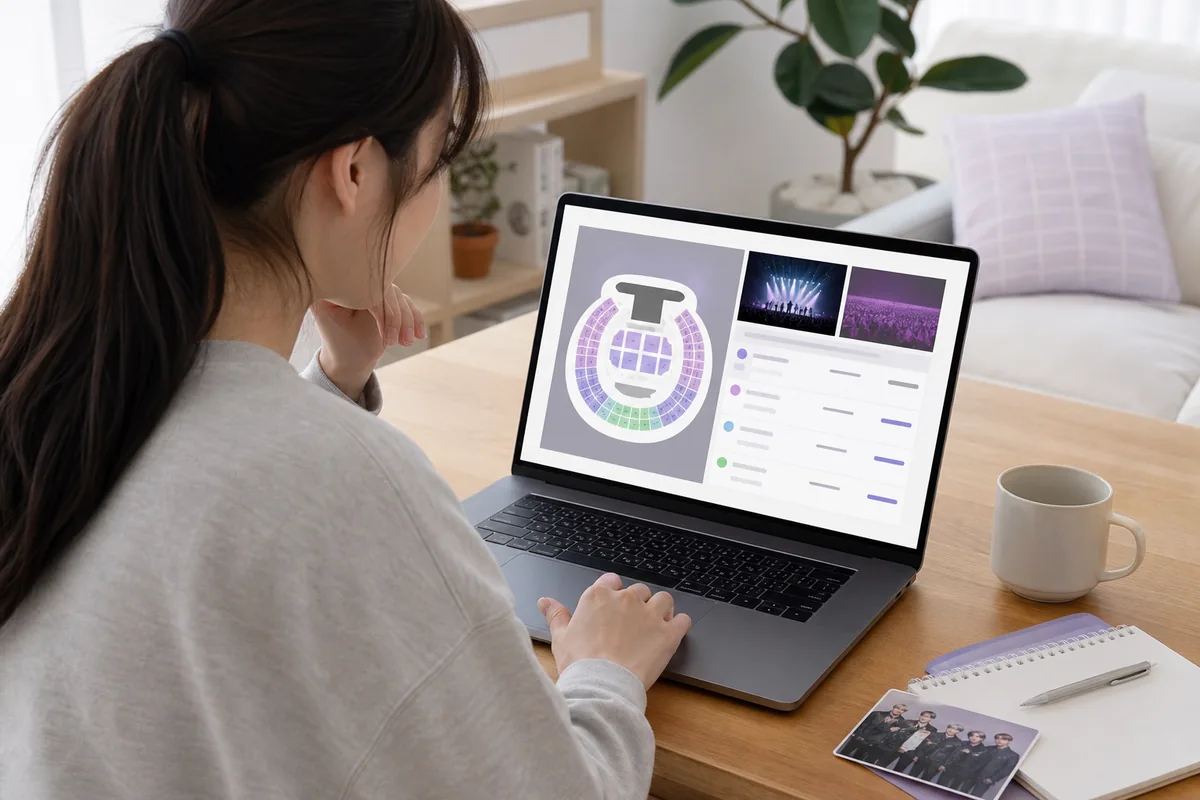 k pop events korea ticket booking page on a laptop with seating options