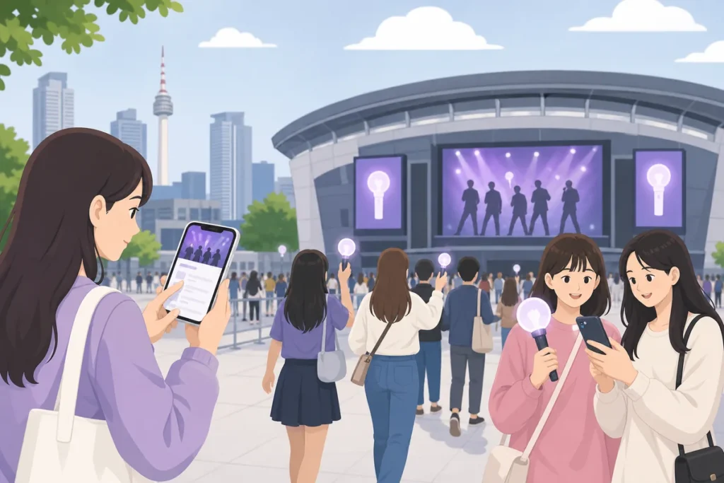 k pop events korea guide with a foreign fan checking official concert listings on a phone