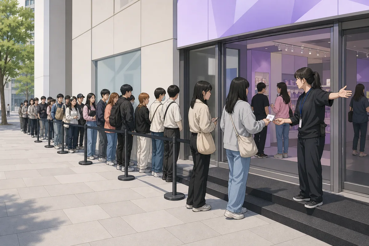 k pop pop up store guide body image showing a merchandise counter at a K-pop pop-up store with some items marked as sold out
