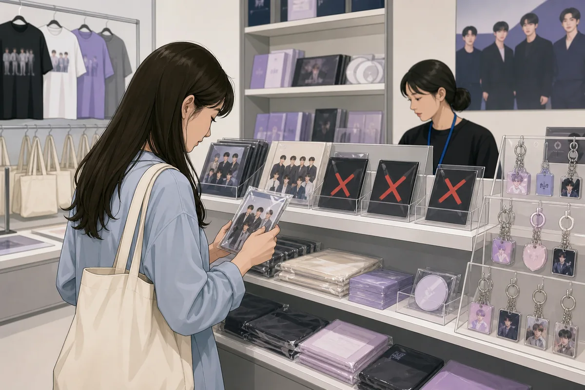 K-pop pop-up store merchandise counter with limited stock and sold-out signs at a pop-up event in Korea