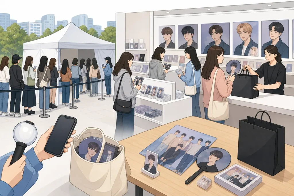k pop pop up store guide featured image showing a visitor checking reservation confirmation at a pop-up store entrance in Korea