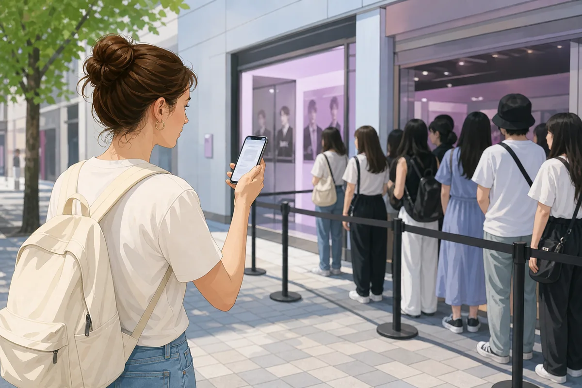 k pop pop up store guide body image showing visitors standing in an organized queue outside a K-pop pop-up store in Korea
