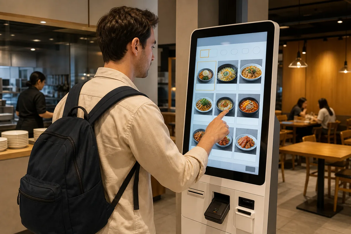 kiosk in korea language selection screen on a touchscreen ordering machine